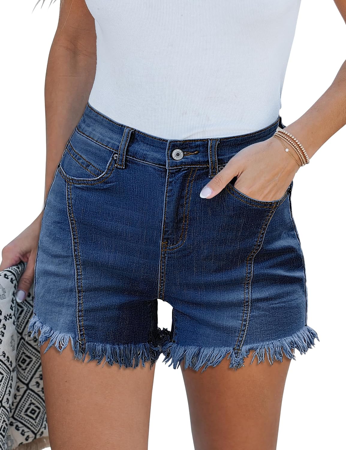 luvamia Jean Shorts for Women Trendy High Waisted Seamed Front Stretchy Denim Shorts Cut Off Frayed Hem Casual Summer