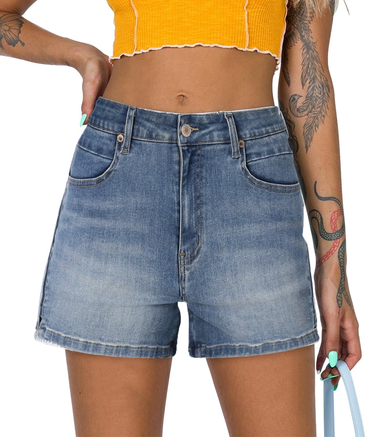 ZOLUCKY Women's Casual Summer Denim Shorts Mid Waisted Stretchy Ripped Jean Shorts with Pockets