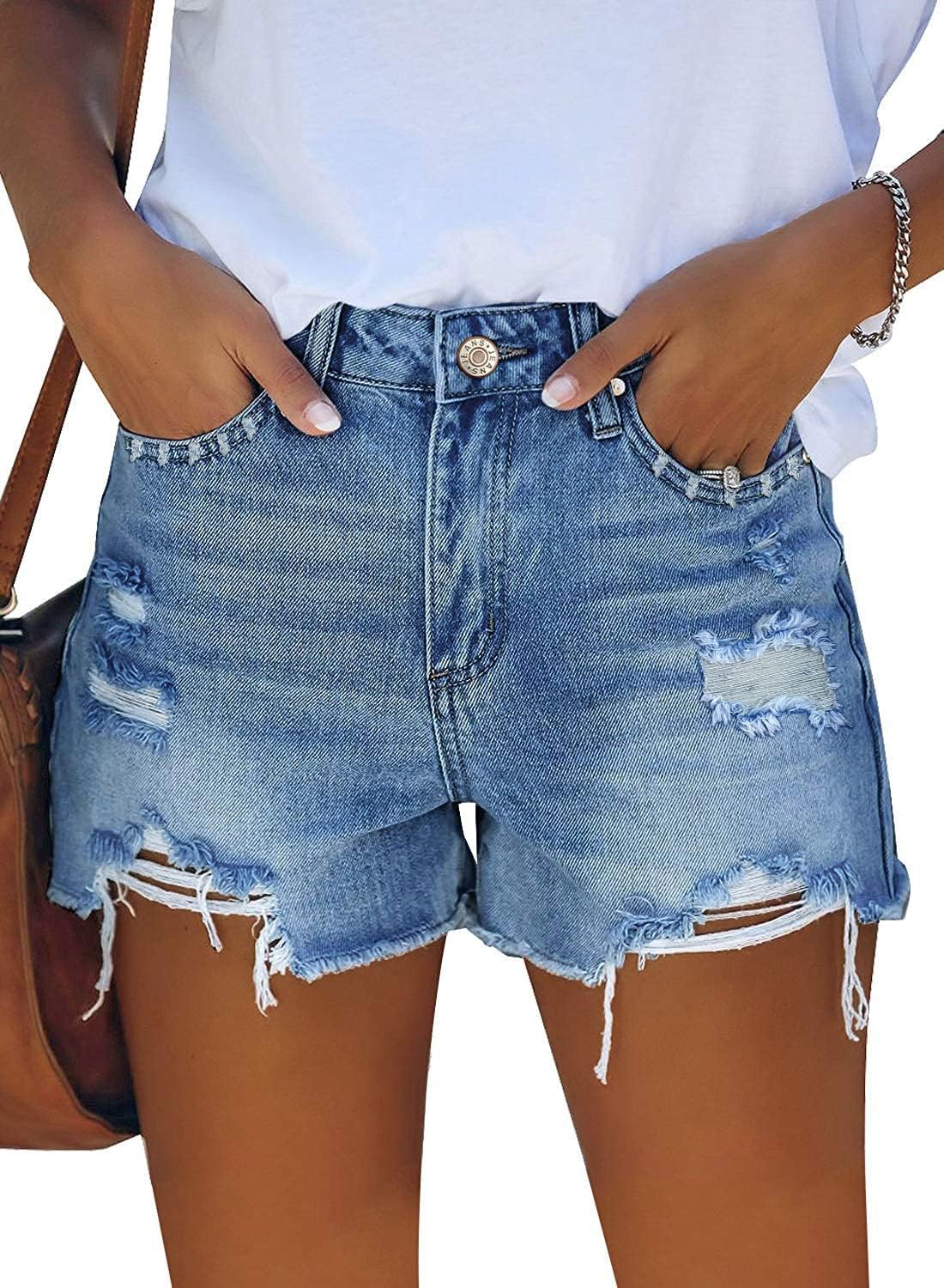 ZOLUCKY Women's Casual Summer Denim Shorts Mid Waisted Stretchy Ripped Jean Shorts with Pockets