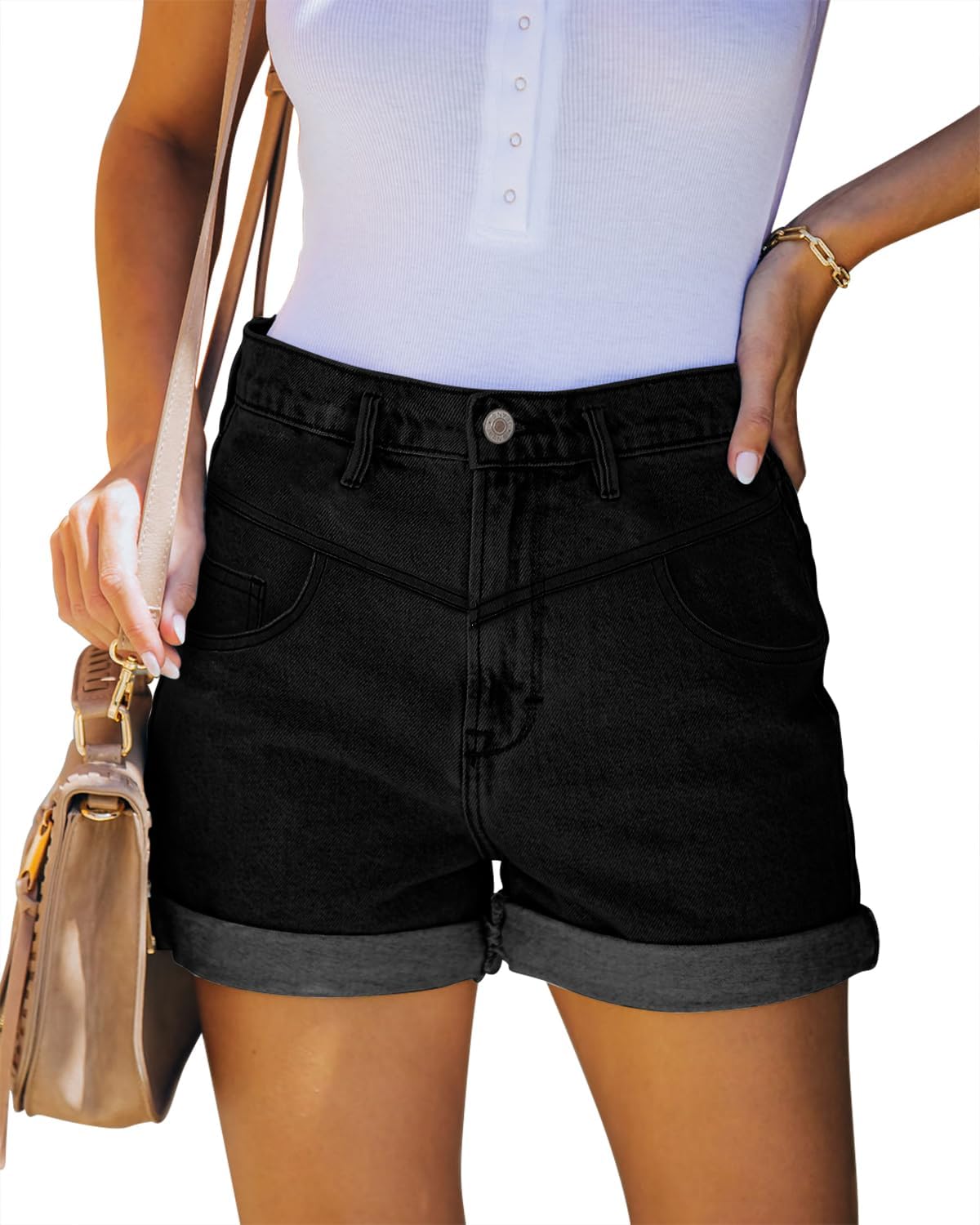 ZOLUCKY Women's Casual Summer Denim Shorts Mid Waisted Stretchy Ripped Jean Shorts with Pockets