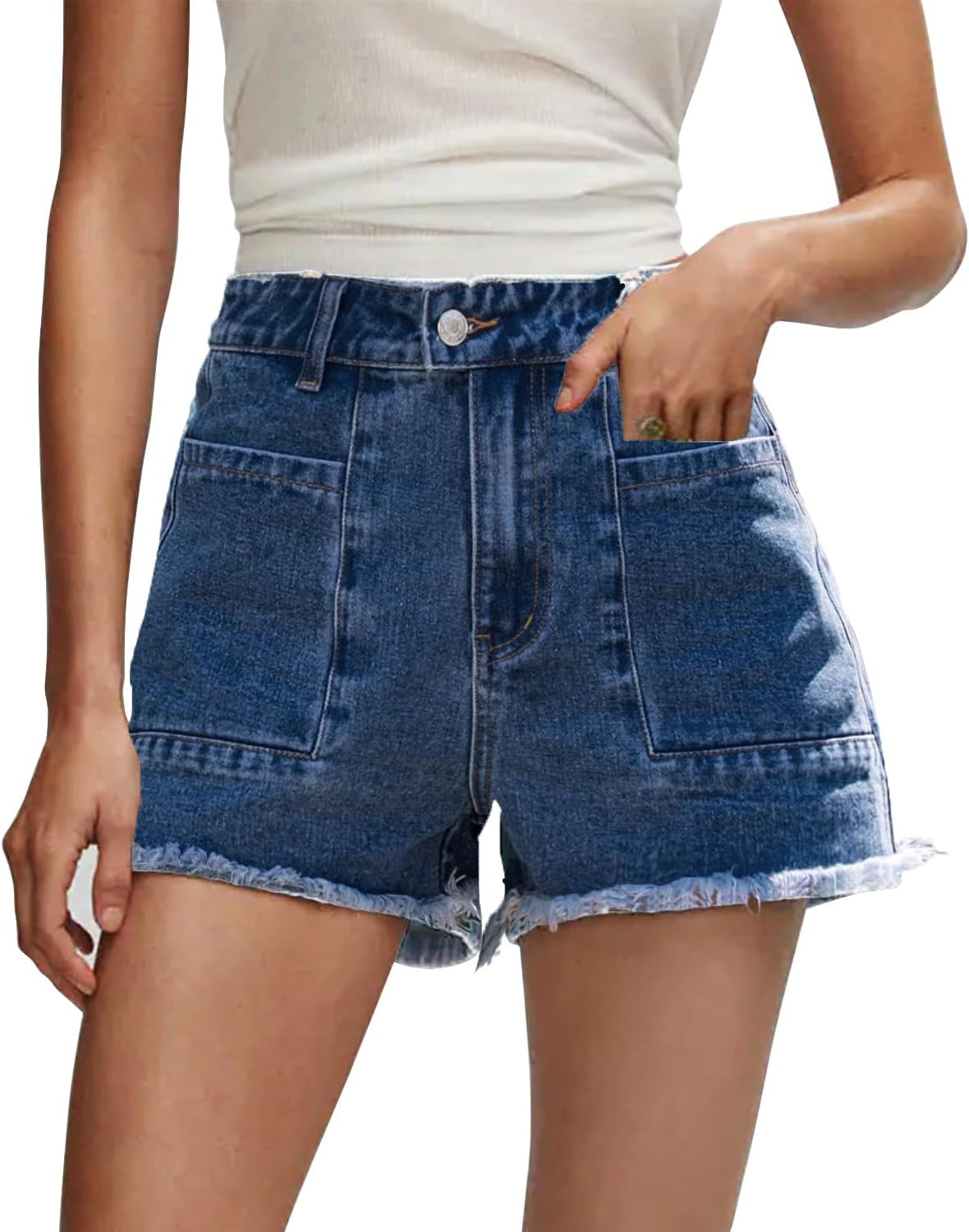 ZOLUCKY Women's Casual Summer Denim Shorts Mid Waisted Stretchy Ripped Jean Shorts with Pockets