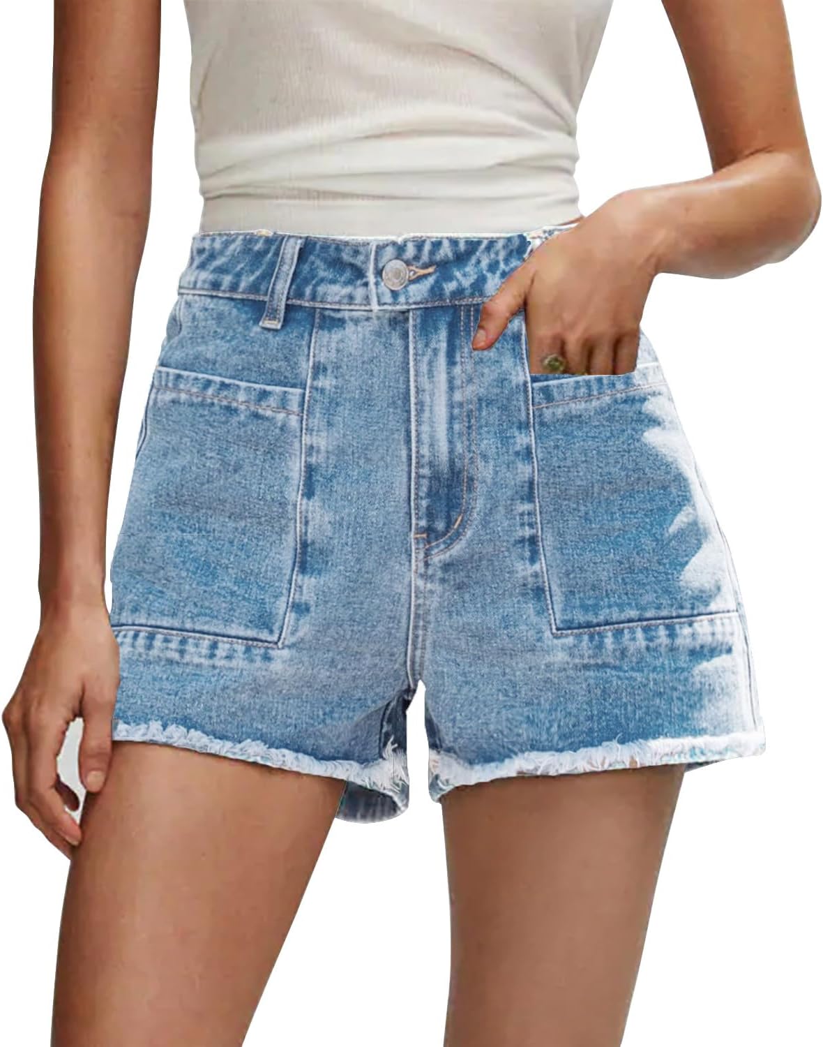 ZOLUCKY Women's Casual Summer Denim Shorts Mid Waisted Stretchy Ripped Jean Shorts with Pockets
